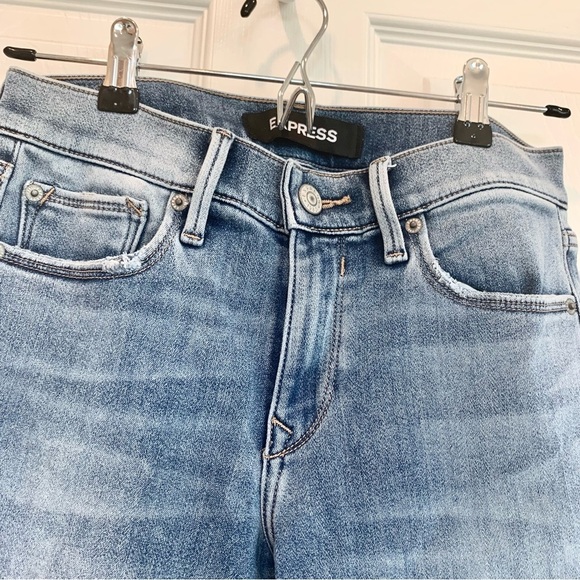 EXPRESS Blue Fleece-Lined Denim Jean Leggings Mid-Rise Raw Hem - Picture 4 of 9